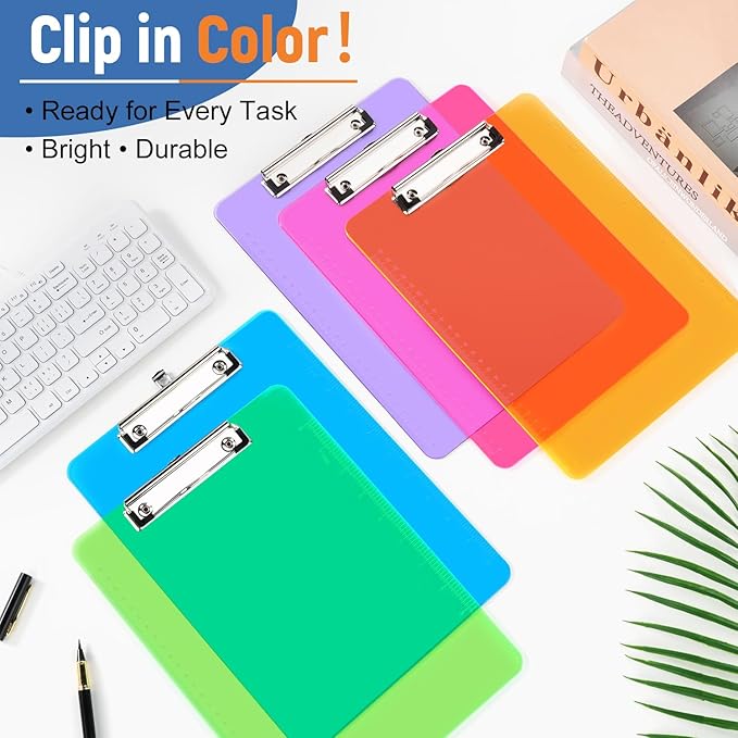 Dynta Plastic Clipboards 20 Pack A4/Letter Size (8.5x11 Inch) - Transparent Colored Writing Boards with Low-Profile Clips & Hanging Loops, Lightweight & Sturdy for Office, School, Art Projects
