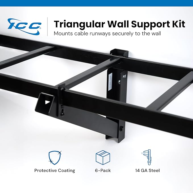 ICC Cable Runway Triangular Wall Support Kit – 6-Pack | Steel, Black Powder Coat, Parallel Wall Mount