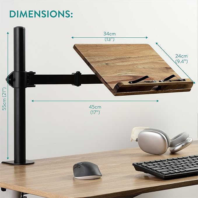 Navaris Book Stands with Clamp - Book Holder for Reading - Wood Books Stand - Works with Music, E-Readers or Tablets - 13.39 x 17.72 x 21.65 (34 x 45 x 55 cm)