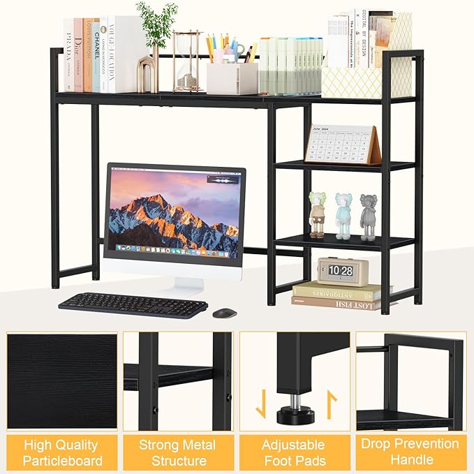 Snughome Desk Shelf, 44.9" Large Desktop Organizer Shelf, Desk Hutch for Monitor, 4 Tier Display Rack, Wooden Desktop Bookshelf Storage Rack for Home Office Dorm