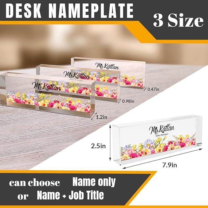 Personalized Desk Name Plate, Personalized Office Gift, Office Name Plaque for Desk, Office Floral Decor for Women (Flower Bush 1)