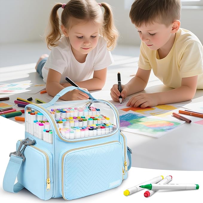 Large Marker Organizer Case for 200-300 Markers,Travel Marker Storage Bag with Dividers and 4 Pockets,Marker Organizer Holder for Paint Brushes,Colored Pencils and Other Art Supplies,Bag Only,Blue