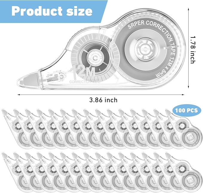 AmazingSpark 100 Pcs White Correction Tape Bulk, 39.4 Ft, Tear-resistant Easy to Use Applicator for Instant Corrections for School Office Note Taking Journal (Tape Width 0.2 in, Clear)