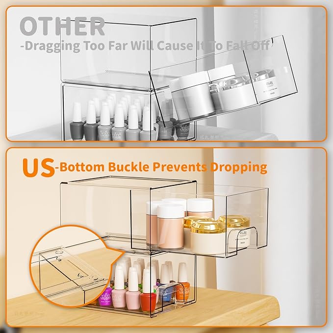 4.4" Tall Small Clear Acrylic Stackable Storage Drawers for Vanity,Under Sink,Bathroom Closet,Medicine Cabinet Organization and Plastic Storage Bins for Organizing Makeup,Baby Bottles,Pacifier,4 PCS