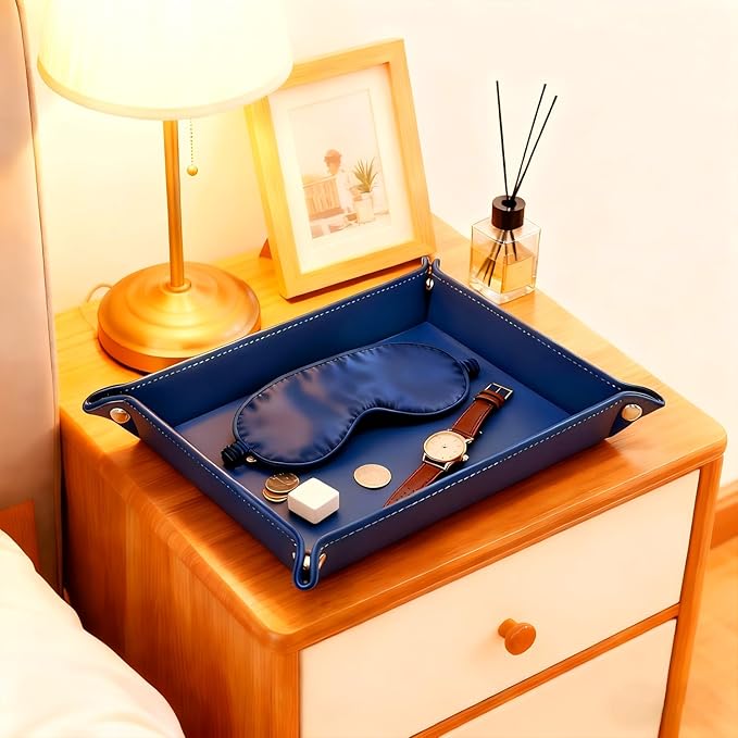 Leather Valet Tray Catchall Organizer, Navy Blue Desktop Storage for Keys, Coins, Wallet, Phone, Jewelry | Multi-Use Entryway Table, Desk & Nightstand Storage for Men & Women (Blue)