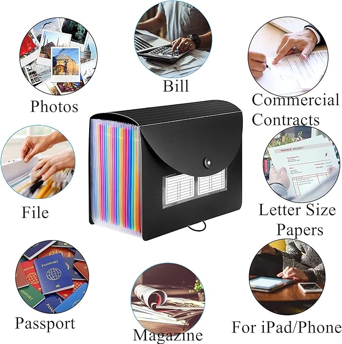 Expanding File Organisers, A4 Plastic folders File Organizer with 24 Pockets Accordion Document Organiser for Home Office School