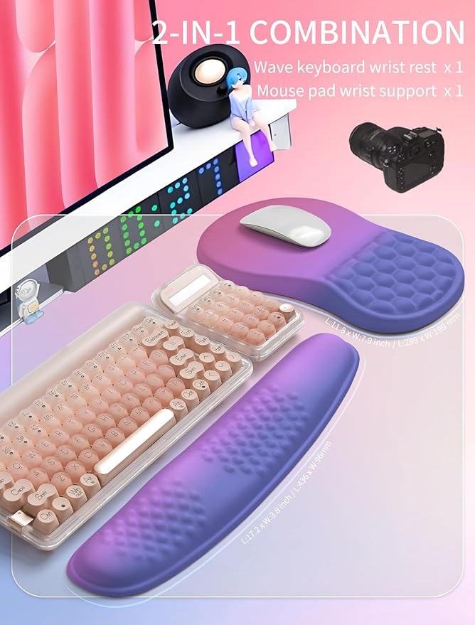 Hokafenle 2in1 Combination, Wave Keyboard Wrist Rest and Ergonomic Curvature Mouse Pad Wrist Support for Relieve Wrist Pain, Filled with Soft Cushion Memory Foam, Gradient Blue Purple