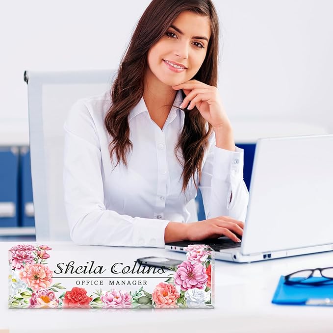 Custom Acrylic Name Plate for Desk, Employee Appreciation Gifts, Office Decor, Personalized, Funny Office Gifts for Coworkers Boss Teacher (Peony)