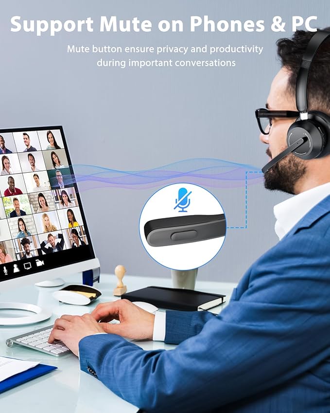 Blue Air Wireless Headset with Mic for Work, Bluetooth 5.1 Headphones with Noise Canceling Microphone, USB Dongle, 45H Playtime, Clear Calls & Mic Mute for PC, Laptop, Call Center, Teams, Black