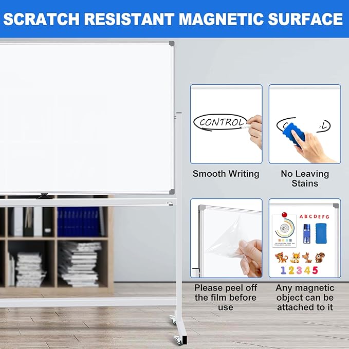 Magnetic White Board Dry Erase Whiteboard with Rolling Stand 72"x48" Double-Sided Mobile Large White Board on Wheels, Including 3 Magnetic Erasers, 7 Markers, 30 Magnets