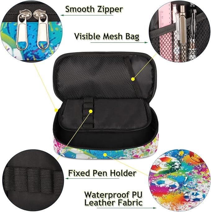 Pardick Watercolor Football Big Capacity Pencil Pen Case Soccer Large Pencil Pouch with Zipper Compartments Pencil Bag for Boys Girls Adults Student Office School Supplies