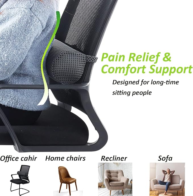 Esme L&H Lumbar Roll Pillow for Lower Back Pain Relief, Breathable 3D Fabric Back Roll Lumbar Support Pillow for Office Chair Car Seat, Lumbar Roll for Chair - Back Support Roll with Elastic Strap