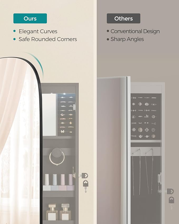 SONGMICS Jewelry Organizer, LED Jewelry Cabinet Wall/Door Mounted, Lockable Rounded Wide Mirror with Storage, Interior Mirror, 3.9 x 16.5 x 42.5 Inches, Black Surface with Black Lining