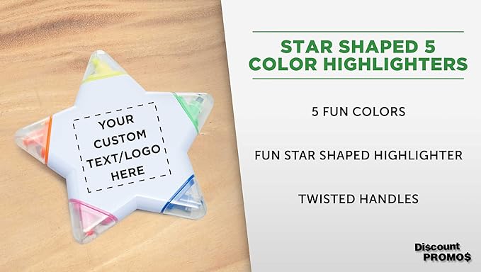 DISCOUNT PROMOS Custom Highlighters Set of 10/50/100, Personalized Bulk Pack Durable Chisel Tip Textbook Highlighters Handy and Easy to Store - Star