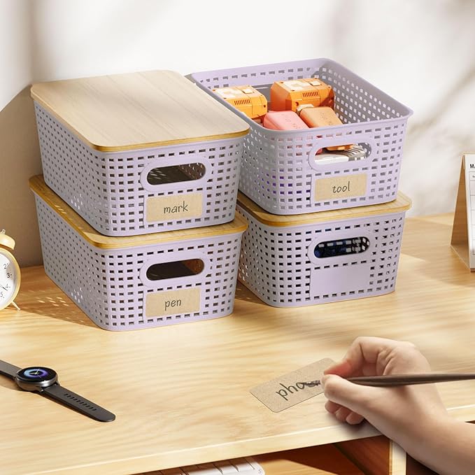 Plastic Storage Bins with Bamboo Lid - Pantry Storage Baskets with Lid - Stackable Container with Lable for Organizing Small Storage Box for Shelves Office Cabinet Drawer Closet 9x7x4 In - Purple 6Pcs