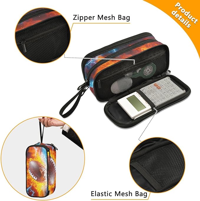 Football Water and Fire Pencil Case Box for kids Teens Boys Girls Large Pencil Pouch with Zipper Compartments Big Capacity Stationery Pen Bag Organizer for Kids Teens Adults School Office