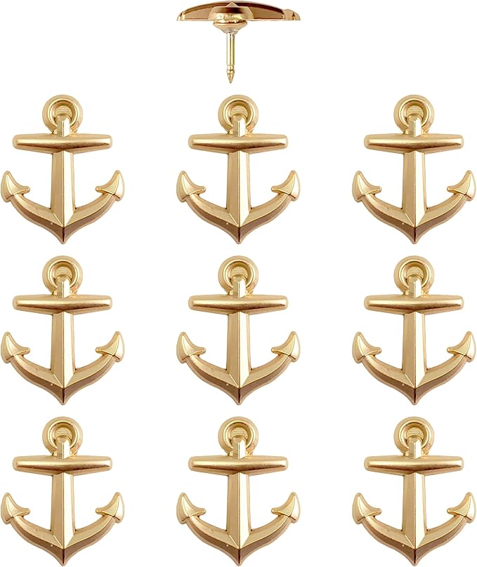 Anchor Push Pins - Gold Metal Anchor Pins - for Cork Board, Maps, or Lapel Pin Use - Designed in USA - Set of 10