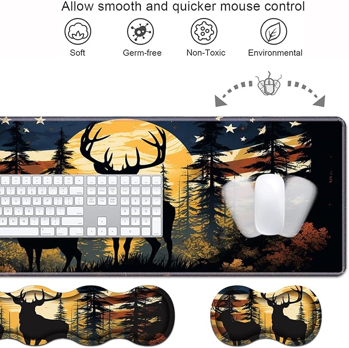 Ergonomic Keyboard Wrist Rest & Mouse Pad Wrist Rest Set, Large XXL Gaming Desk Mat 31.5"x 11.8" with Memory Foam, Easy Typing Pain Relief for Office & Home, American Flag Jungle Deer