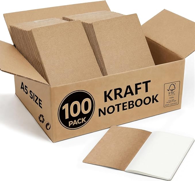 Foliom 100 Pack Kraft Notebooks Bulk A5, 60 Pages Blank Journals, 8.3x5.5 Inches, Natural Kraft Cover Composition Notebooks for School Office Students Artists