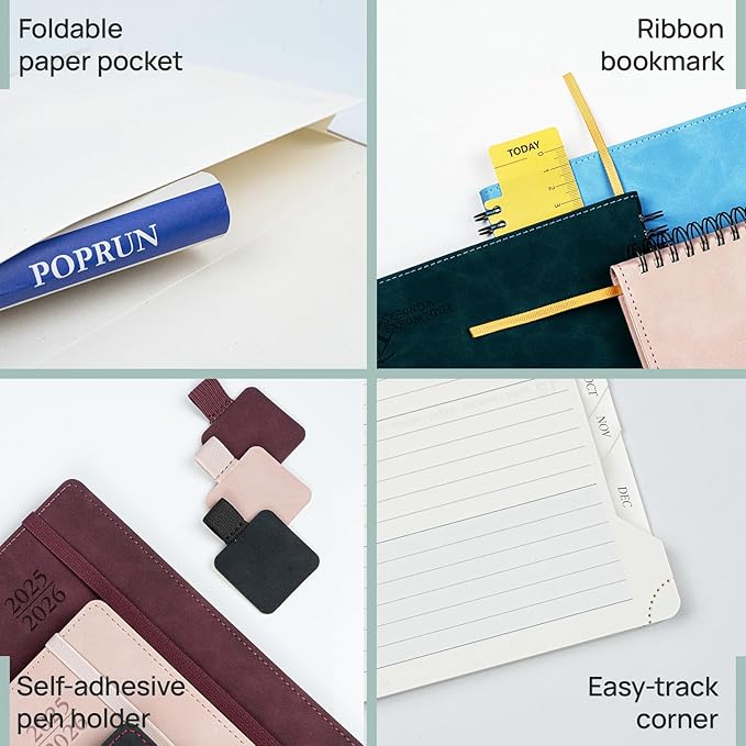 POPRUN Weekly Planner 2025-2026 (Pocket Size 4''x 6.25'') Academic Calendar (JUL.25 - JUN.26) Appointment Book with Monthly Tabs, Leather Soft Cover, Inner Pocket, 100 GSM - Lilac