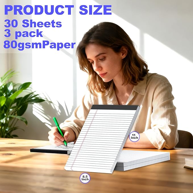 Gehanfai 3 Pack White Legal Pads 8.5 x 11 Inch, Wide Ruled Notepads Lined Memo Note Pads, 8.5x11 Inch Micro Perforated Writing Pads 30 Sheets Per Pad for Work Study Daily Note Taking List