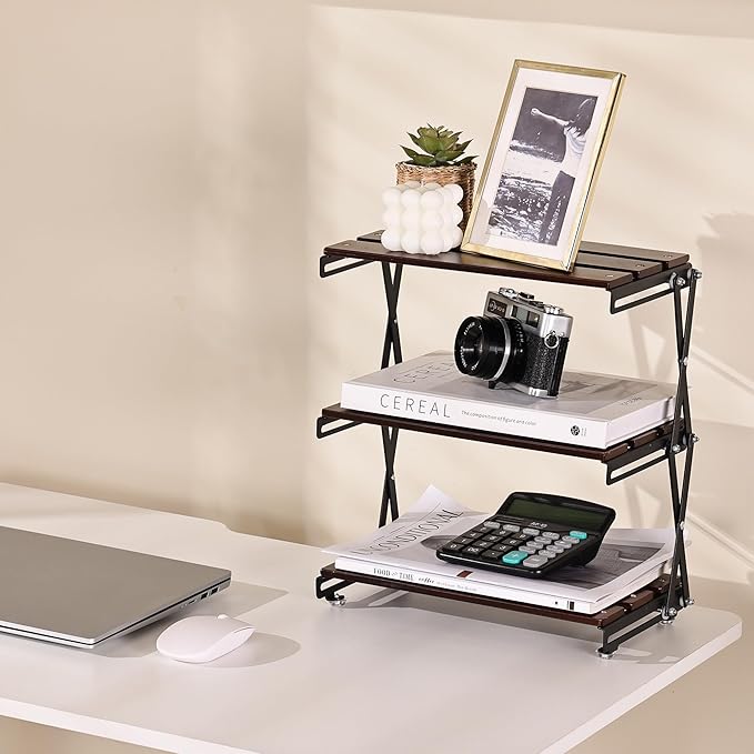 Desk Shelf Organizer 3 Tiers Wood Compact Desk Organizer Storage Rack Metal Frame Office Desk Shelf Organizers,Walnut