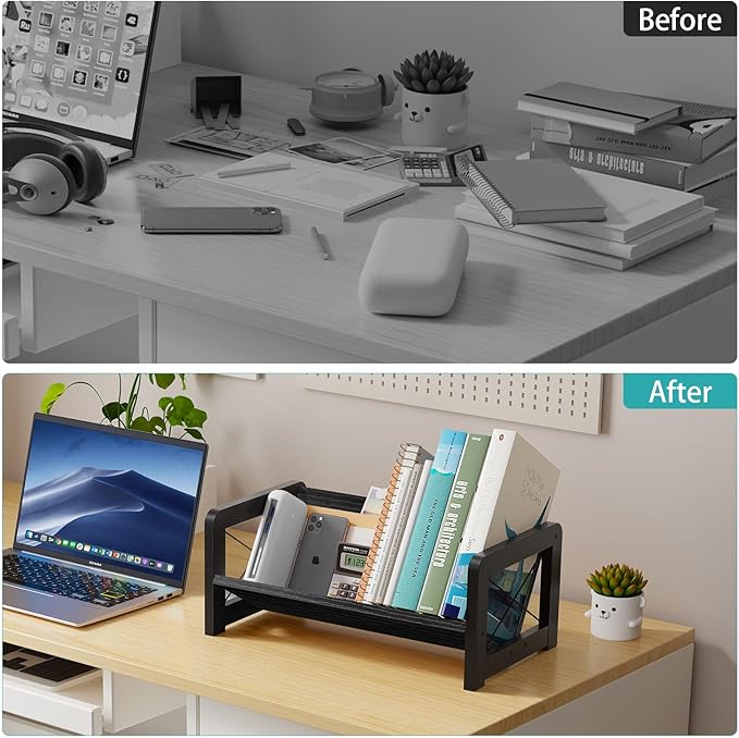 ELITEROO Desk Bookshelf, Small Book Shelf, Wooden Desktop Bookcase, Tilting Table Top Bookshelf for Home Office, for Book Display, Cookbook Storage, Kids Reading, Black