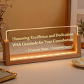 Personalized LED Name Plate for Desk, Light Up Acrylic Office Decor Desk Name Plate with Wooden Base, Custom Name Logo Quote, Appreciation Gifts for Boss Coworkers Employee Women Men (Tribute Honor)