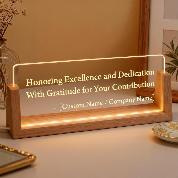 Personalized LED Name Plate for Desk, Light Up Acrylic Office Decor Desk Name Plate with Wooden Base, Custom Name Logo Quote, Appreciation Gifts for Boss Coworkers Employee Women Men (Tribute Honor)