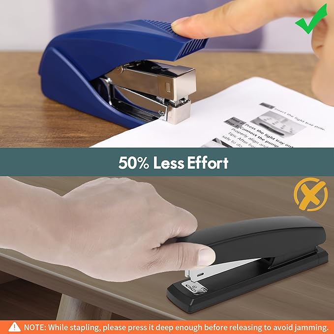 AFMAT Effortless Stapler for Desk, 50 Sheet Capacity, Low Force, Built-in Staple Remover, One Finger Touch Stapling Desktop Stapler, Portable & Space Save Size, Good for Home & Office ES10(Blue)