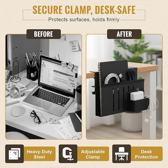 Desk Side Storage, Steel Side Desk Organizer, Clamp on Laptop Mount with Magnetic Pen Holder, No Drill Under Desk Laptop Holder, Table Hanging Storage for Home & Office Organization – Black