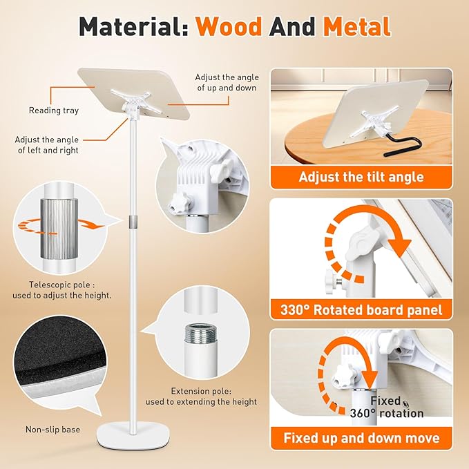 2-in-1 Floor Standing Book Stand, Foldable Book Holder for Reading with Page Clips, 19"–51" Height Adjustable, Sturdy Podium Stand for Reading, Bible, Laptop, Cookbooks, or Projector