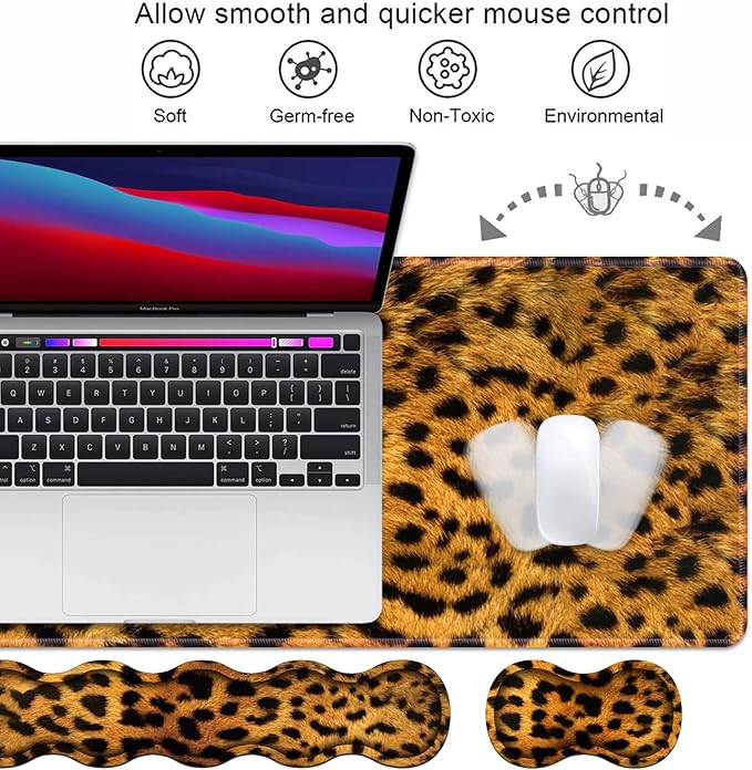 Ergonomic Keyboard Wrist Rest and Mouse Pad Wrist Rest Set, Large XXL Gaming Mousepad 31.5"x 11.8", Memory Foam, Easy Typing Pain Relief, Multifunctional Desk Mat for Office & Home, Leopard Print