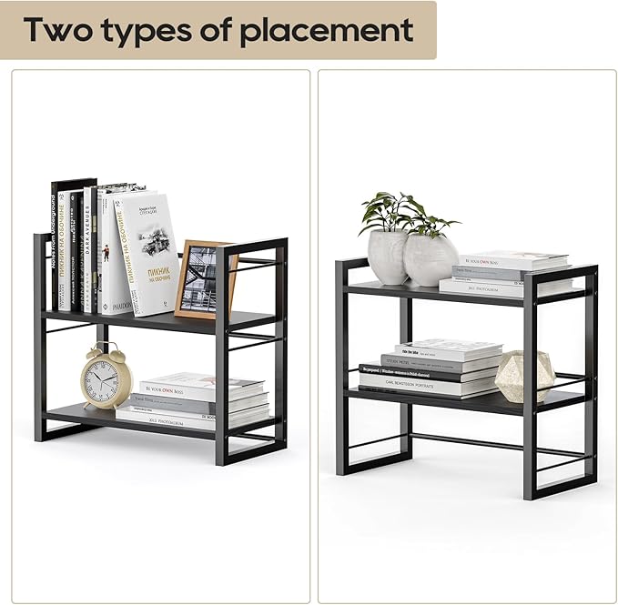 Office Desk Shelf Organizer, Wood Desktop Bookshelf Supplies Storage Rack, Shelf for Top of Desk and Dresser (Pure Black-2 Tier)