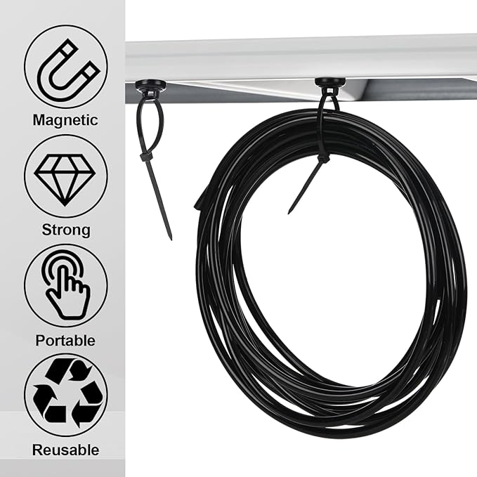 Leinuosen 100 Set Magnetic Zip Tie Mount and Nylon Cable Ties, 19 mm Multipurpose Wire Cable Holder Mount Wire Clips Management Electrical Organization Supplies