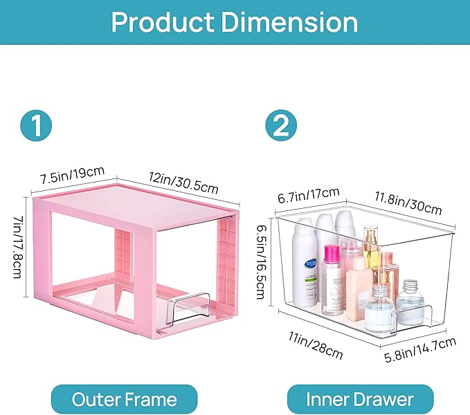 Vtopmart 4 Pack Large Stackable Storage Drawers,Pink,Easily Assemble Acrylic Bathroom Closet Undersink Organizers and Storage,Plastic Bins for Kitchen Cabinets,Pantry,Makeup,Medicine Organization