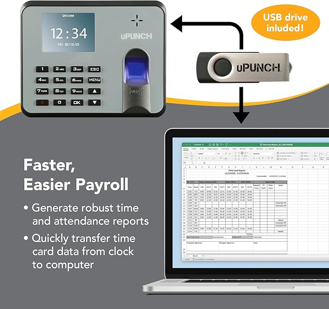 uPunch MK1000 Biometric Fingerprint/Proximity Time Clock for Employees | Small Business Time Tracking System with RFID, and PIN Options (No Monthly Fee)