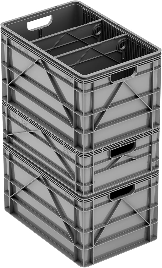 SIDIO Crate Basic Pack - 2 Full-Size & 1 Half-Size Heavy Duty Stackable Storage Bins, Totes and Containers with Dividers - Durable Plastic Organizer for Home, Office, Garage, and Outdoor Use, Gray
