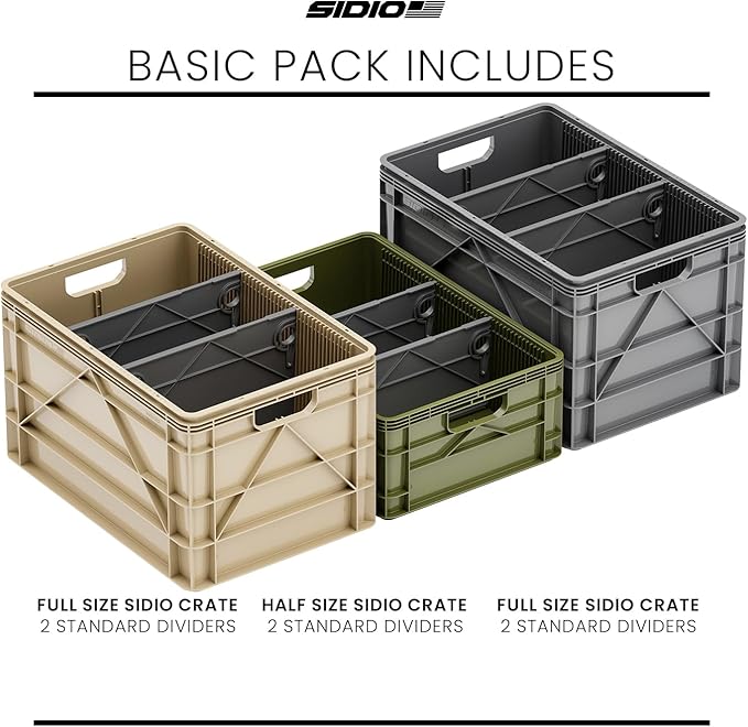 SIDIO Crate Basic Pack - 2 Full-Size & 1 Half-Size Heavy Duty Stackable Storage Bins, Totes, Containers with Dividers - Durable Organizer for Home, Office, Garage, and Outdoor Use, Camo Variety Pack