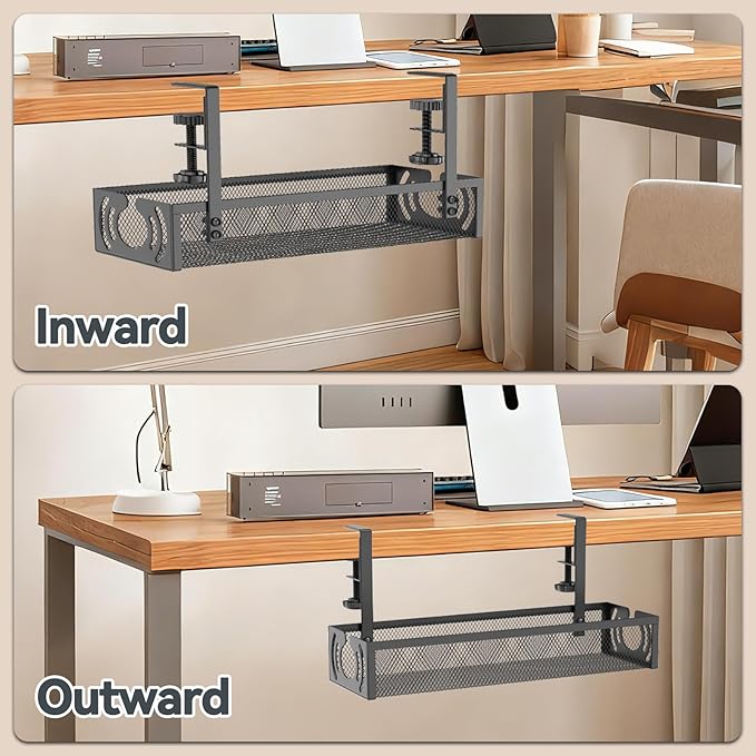 Cable Management, 15'' Under Desk Cable Management Tray No Drill, Metal Cable Organizer with Clamp for Wire Management, Cord Organizer for Home Office, Desk Accessories Organizer, Black