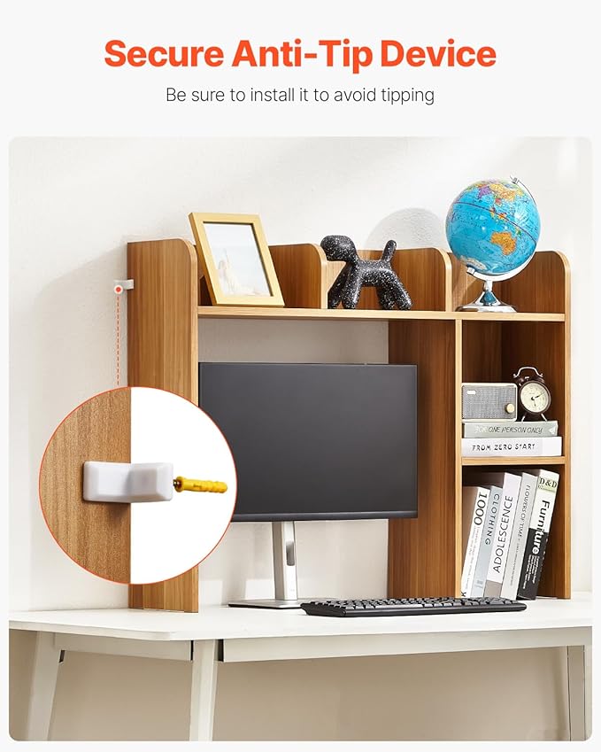 VEVOR Wood Desk Shelf, Desktop Bookshelf, Desk Storage Hutch with 6 Shelves, Office Countertop Organizer 3-Tier Display Rack, with Anti-Slip Feet Pads, for Office, Home & Dorm, Natural