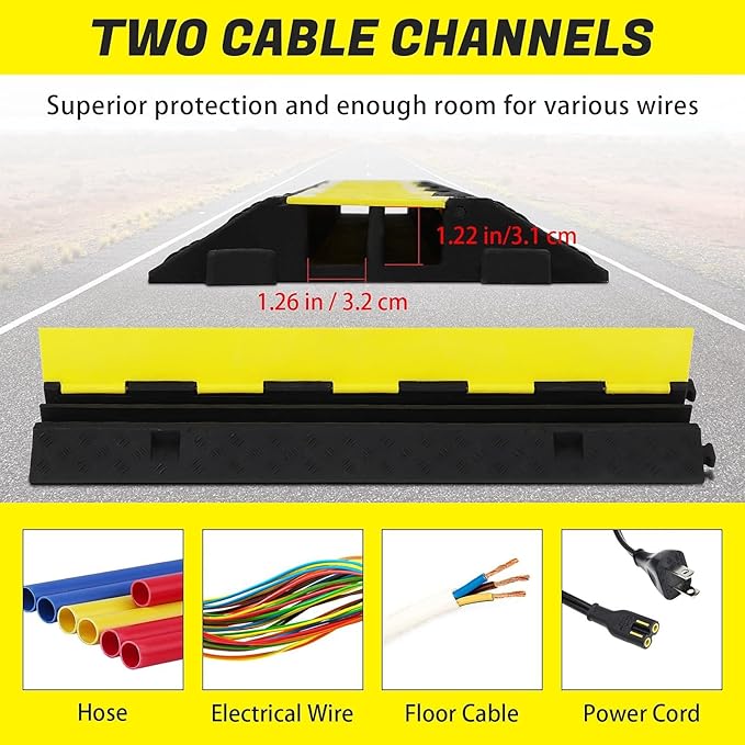 3 Pack 2-Channel 11,000 lbs per Axle Capacity Rubber Cable Protector Ramp – Driveway Wire Cord Guard with Traffic Speed Bump for Indoor and Outdoor Use