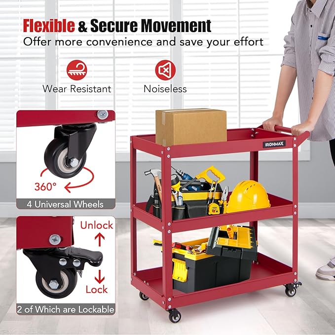Goplus 3-Tier Utility Cart, Heavy Duty Commercial Service Tool Cart w/3 Spacious Shelves, 4 Universal Wheels with 2 Brakes, Rolling Mechanic Tool Cart Storage Organizer for Warehouse Garage