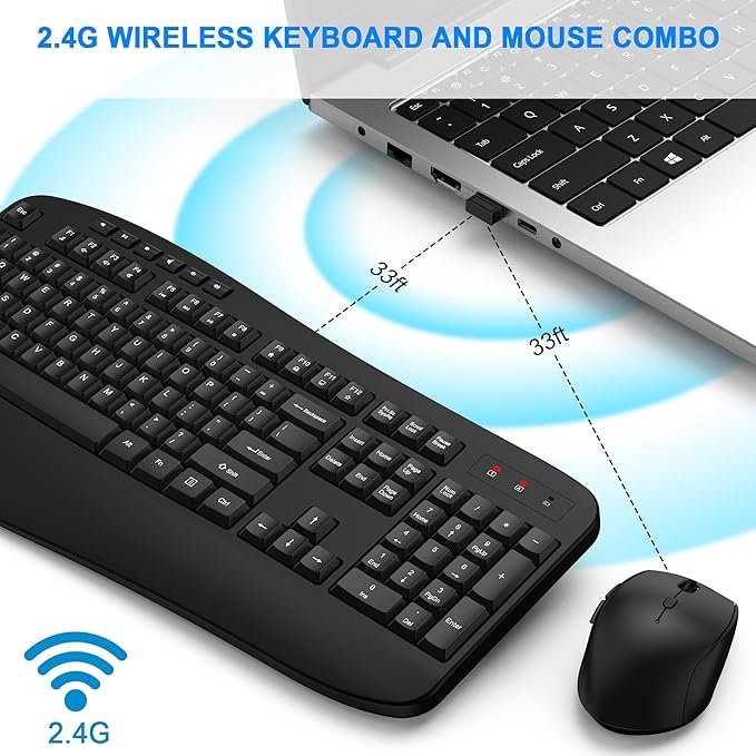 Wireless Keyboard Mouse Combo, EDJO 2.4G Full-Sized Ergonomic Keyboard with Comfortable Palm Rest and Optical Wireless Mouse for Windows, Mac OS PC/Desktops/Laptops (Black)