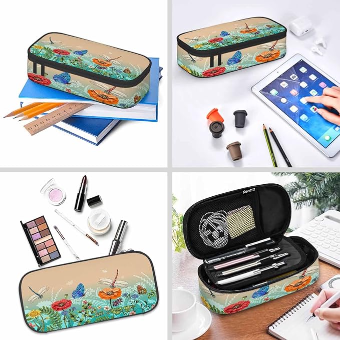 Dragonflies Butterflies Pencil Case Flowers Grass Plants Summer Pencil Bag Pen Markers Pouch Holder Organizer for Boy Girl School Students