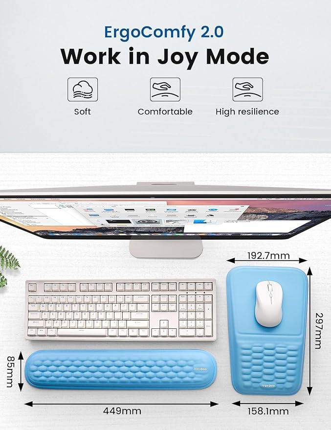Vaydeer Wrist Rest for Computer Keyboard & Mouse Pad Set – Gray, Ergonomic Memory Foam Wrist Support, Non-Slip Keyboard Wrist Rest & Soft Mouse Pad for Typing Comfort & Wrist Pain Relief