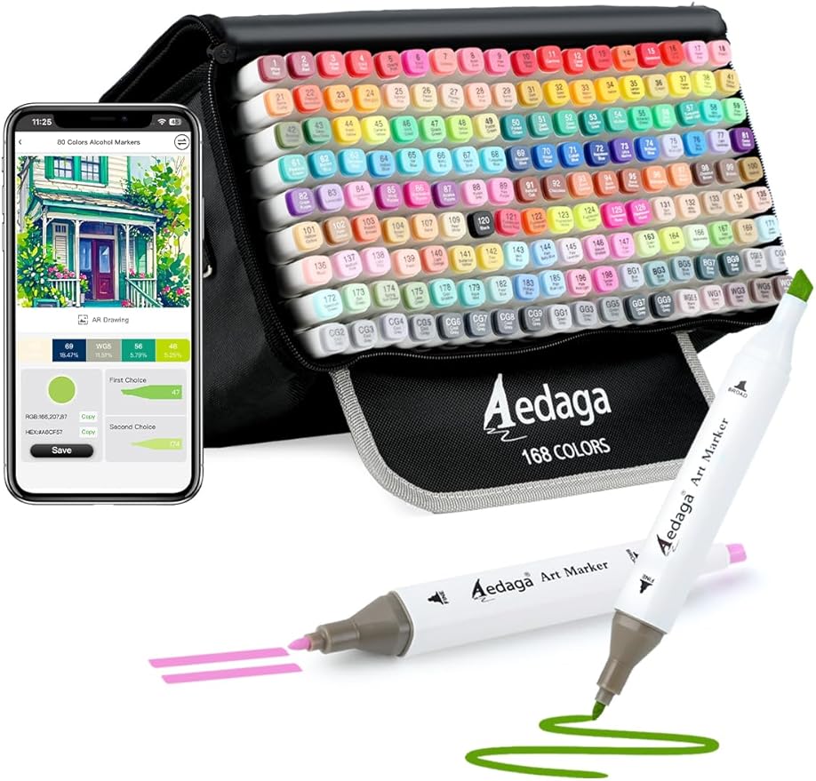 168 Colors Alcohol Markers with Free App, Dual Tip Art Markers with Kickstand Case for Artists Adults, Alcohol Based Marker for Coloring Painting Sketching and Drawing, Great Gift