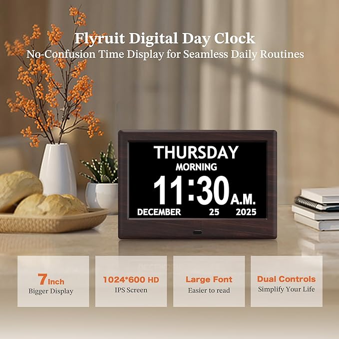 7'' Dementia Clock For Seniors, Large Display Digital Clock With Date, Time, Day Of Week for Elderly, Alzheimer, 1024*600P HD, 10 Reminders & 6 Alarms, Auto Dimming & DST, Remote Control, Brown