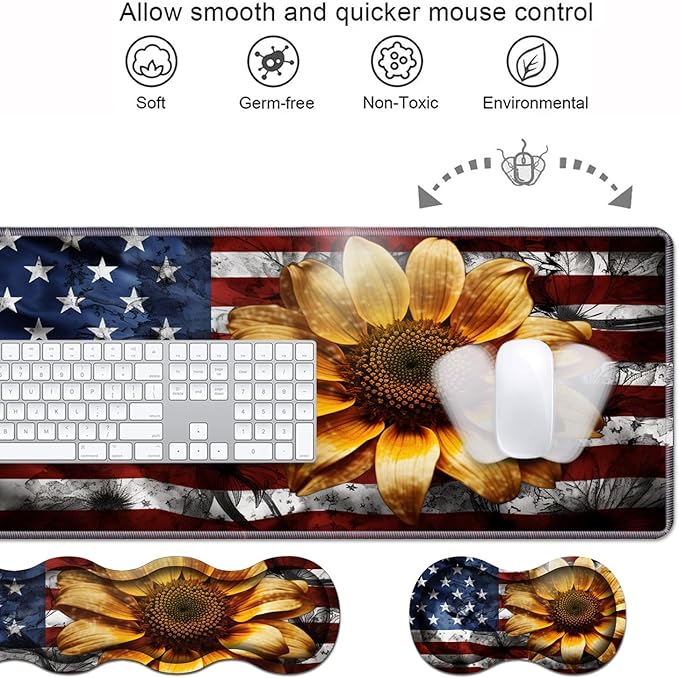 Ergonomic Keyboard Wrist Rest & Mouse Pad Wrist Rest Set, Large XXL Gaming Desk Mat 31.5"x 11.8" with Memory Foam, Easy Typing Pain Relief for Office & Home, American Flag Sunflower