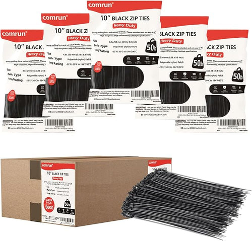 5000pcs 10Inch Black Cable Tie,Nylon Zip Ties,Industrial Grade,50 Pounds Tensile Strength,UV Resistant,Heavy Duty,for Home,Garden Trellis,Office,Garage and Workshop